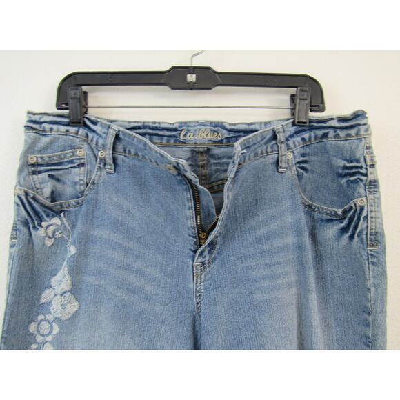 L.A. Blues Size 16 Medium Blue Denim Jeans Floral Embroidery Dazzled Bootcut - Picture 5 of 7